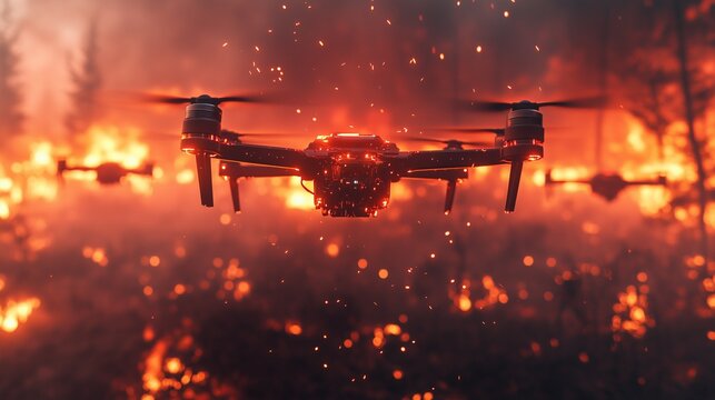 A swarm of AI-powered drones flying over a wildfire, working together to map fire spread in real-time. Some drones release fire-retardant chemicals, while others send live data to ground teams.