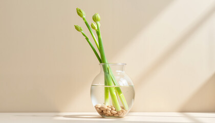 Fototapeta premium Fresh green stems emerging from clear vase, nature's beauty