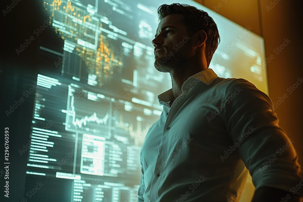 Poster A pensive businessman stands before a large screen displaying complex data, analyzing financial charts and information.