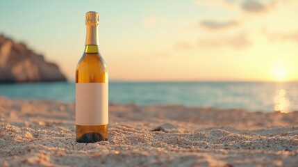 Relaxing evening with wine bottle on sandy beach at sunset coastal serenity