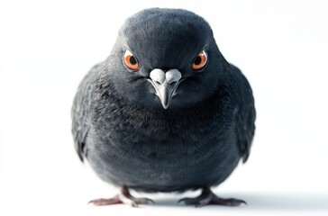 Fototapeta premium Close-Up Portrait of a Unique Dark Gray Bird with Bright Orange Eyes and Interesting Details on a Plain White Background