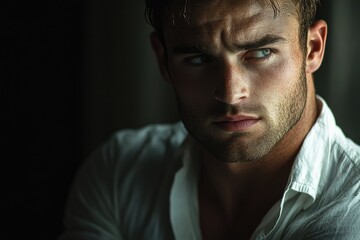 Fototapeta premium A dramatic close-up portrait of a handsome man with intense eyes, wearing a white shirt.