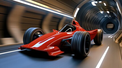 Obraz premium Red Racing Car Speeding Through a Futuristic Tunnel at High Speed During Daytime