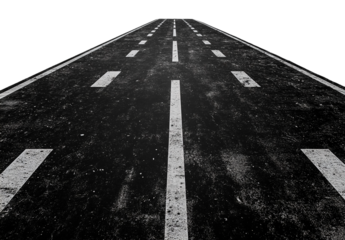 A black and white asphalt road with white lines, isolated on a transparent background.