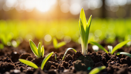Fresh grass sprouting in dark soil under warm sunlight, spring awakening