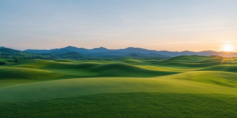 Naklejka premium Serene sunset over rolling green hills nature landscape tranquil environment panoramic view natural beauty