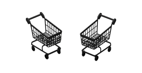 A black shopping cart icon on a transparent background, shown from two angles in an isometric view