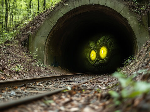 Monster lurking in abandoned railway tunnel in forest