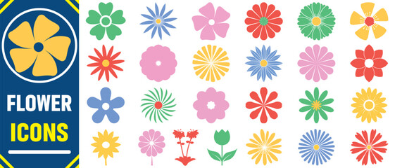 Flowers icon set. Set of abstract flowers in brutalist style. Geometric flower set.Abstract minimal daisy elements. Brutalist design. Ideal for decoration, logos, and design projects. colorful flowers