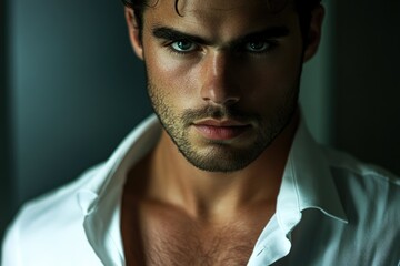 Intense close-up portrait of a handsome man with dark hair and piercing eyes, wearing a white shirt.