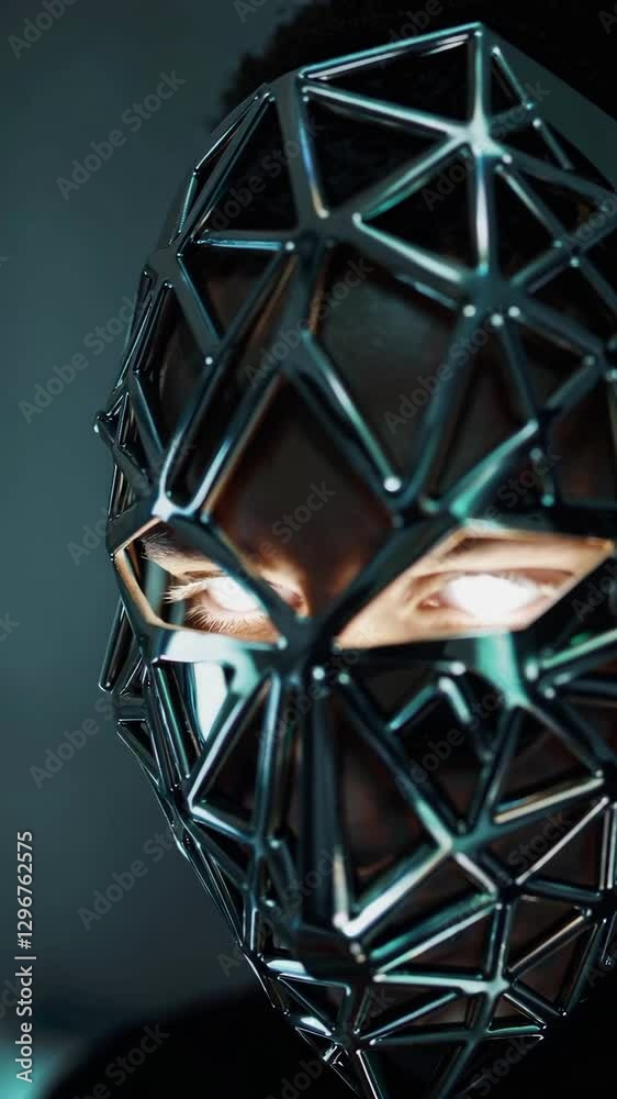 Poster this captivating visual showcases a futuristic mask crafted with intricate geometric shapes. illumin