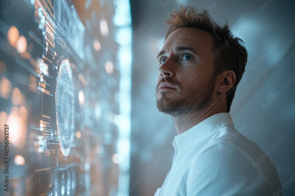 Leinwandbilder A man thoughtfully observes a futuristic holographic interface filled with data streams and visualizations.