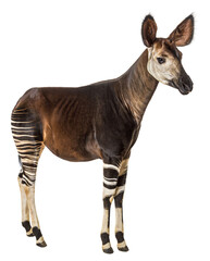 Okapi standing on a transparent background, showcasing its unique zebra striped legs and reddish...