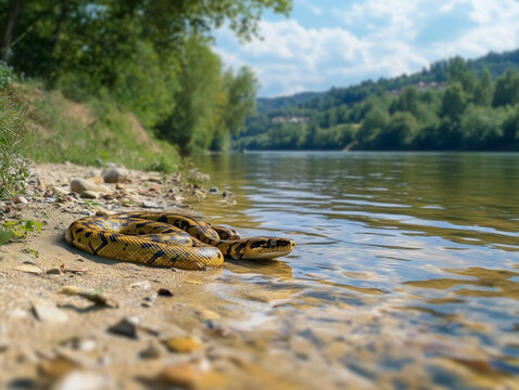 Python bivittatus bathing in a river on a summer day