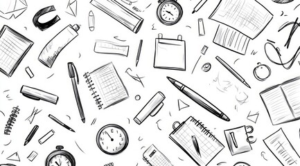 A black and white vector illustration of office supplies, such as pens, clocks, and stationery items, scattered across the background in a doodle style with thick outlines on a white background. 