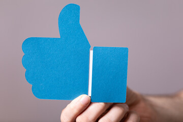 Hand holding a blue paper cutout of a thumbs up. Positive feedback concept.