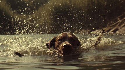 Dog Swimming in Lake Water with Stick Retrieving and Splashing