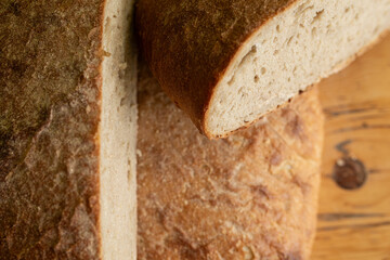 Close-up of crusty sourdough bread slices.  Perfect for baking blogs & recipes.