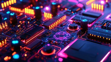Obraz premium A futuristic 3D city at night, illuminated by glowing neon lights.