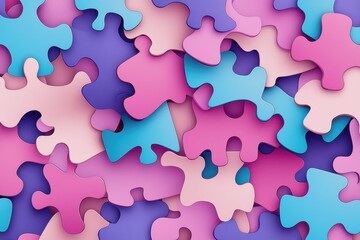 Colorful Puzzle Pieces Scattered Across a Surface in Various Shades of Pink, Purple, and Blue Create a Playful Visual Texture