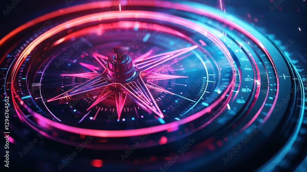 Poster a futuristic 3d compass, glowing with neon lights and floating directional arrows