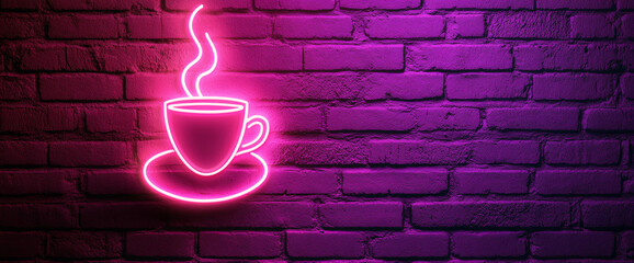 Neon pink coffee cup with steam glowing on a brick wall, symbolizing modern coffee culture, vibrant urban aesthetics, and trendy cafe vibes with a touch of minimalism