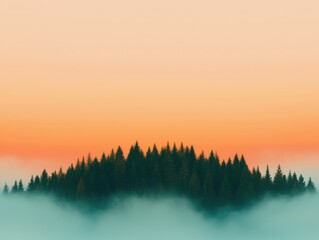 Sunset mist over pine forest tranquil landscape nature serene environment aerial view peaceful concept