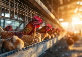Close-Up View of Chickens in a Barn During Golden Hour with Sunlight Streaming Through, Capturing a Serene and Vibrant Farm Atmosphere