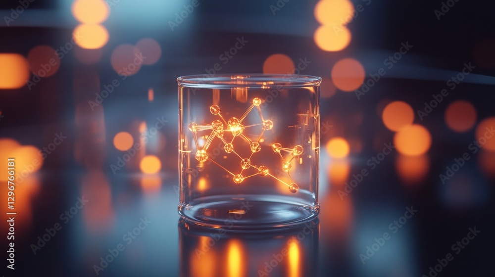 Poster transparent gas in laboratory beaker showcasing molecular structures under ambient lighting conditio