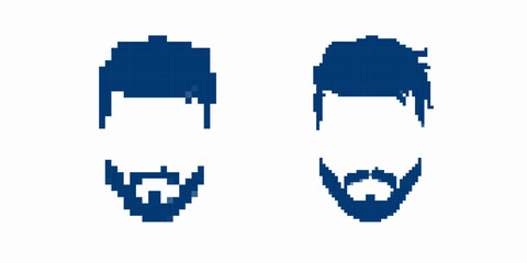 Two bearded male faces in pixel art style. minimalistic features with distinct blue color accents.