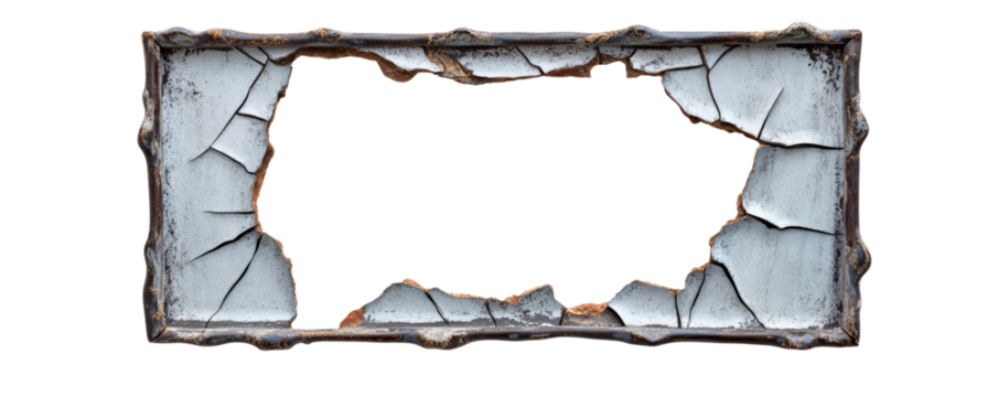 Rustic frame with cracked edges and texture. A distressed metal frame with rust, cracks, and peeling paint. Ideal for vintage, grunge, or industrial-themed design projects.