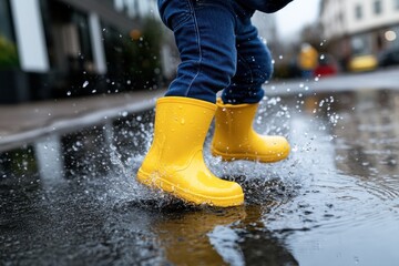 A joyful child splashes through a rain-filled puddle while wearing bright yellow rain boots and denim jeans, highlighting the carefree spirit of childhood on a rainy day.