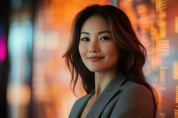 Obraz premium Confident Asian businesswoman smiles warmly, her stylish attire complementing the warm, urban backdrop.