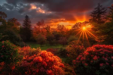 A stunning autumn landscape at the Azalea and Rhododendron Park in Kromlau, featuring vibrant fall colors as the sun sets