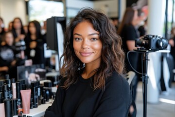 Fototapeta premium This captivating image features a young woman with curly hair, radiating confidence in a beauty event with various cosmetic products surrounding her, exuding charm and warmth.
