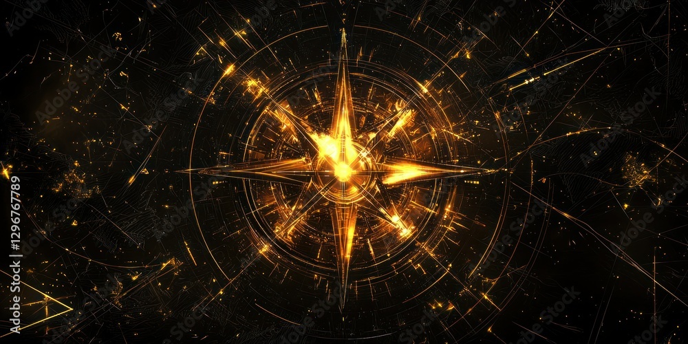 Poster a futuristic abstract design with a glowing compass and geometric shapes.