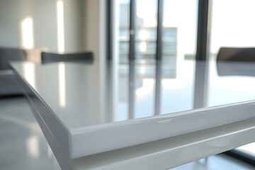 A close-up view of a sleek modern table in a well-lit contemporary interior.