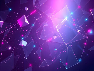 3D abstract background with geometris shapes, floating, neons, glass, and dynamic lighting, creating depth and a futuristic feel.