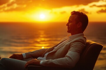 A man in a suit relaxes outdoors, enjoying a breathtaking sunset over the ocean.