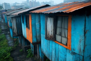 Vibrant Blue and Orange Shanty Houses Under Rainy Sky in Urban Environment