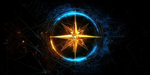 A futuristic abstract design with a glowing compass and geometric shapes.