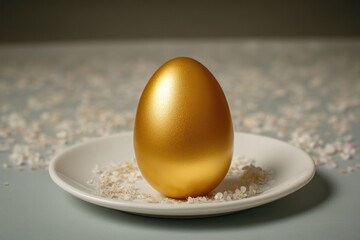Golden egg glistens on white plate surrounded by delicate rice g