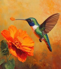 Fototapeta premium Colorful Hummingbird Feeding on Bright Orange Flower with Vibrant Background in Nature's Beautiful Setting
