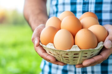 A farmer holding a basket full of freshly collected eggs