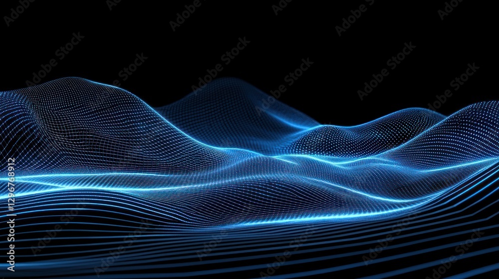 Poster A futuristic blue abstract background with glowing lines and a digital grid pattern.