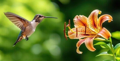 Colorful Hummingbird Hovering Near Vibrant Lily Flower in Lush Green Garden Setting with a Soft Focus Background
