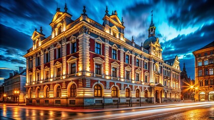 Naklejka premium Riga Latvia Architecture, Long Exposure Building Facade Photography, Night Cityscape