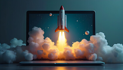 Digital Innovation and Startup Launch Concept. Launching Space Rocket From Laptop Screen