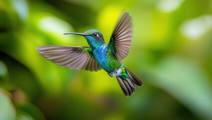 Fototapeta premium Colorful hummingbird in flight showcasing beautiful feathers against a lush green background creating a serene and vibrant nature scene