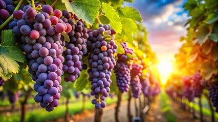 Ripe Grapes Hanging on Vine, Ready for Harvest in Sunny Vineyard